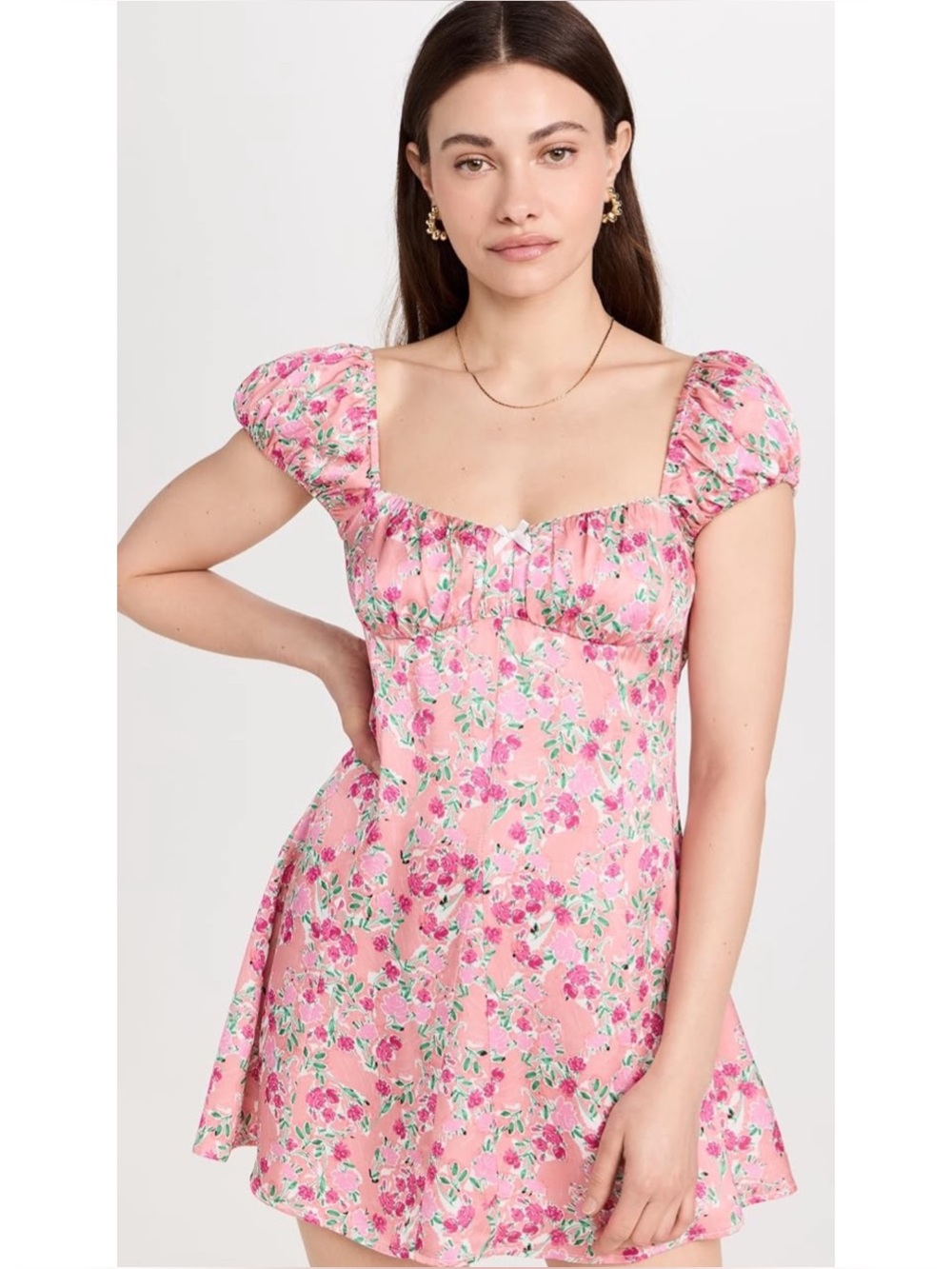 FOR LOVE & LEMONS | Antonia Babydoll Mini Dress in Pink Satin Floral, Size Small